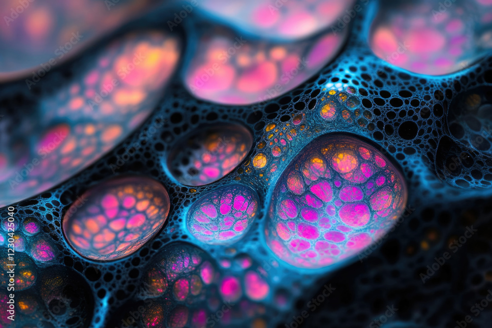 Aufkleber intricate network of vibrant pink and orange bubbles within a dark, abstract structure.