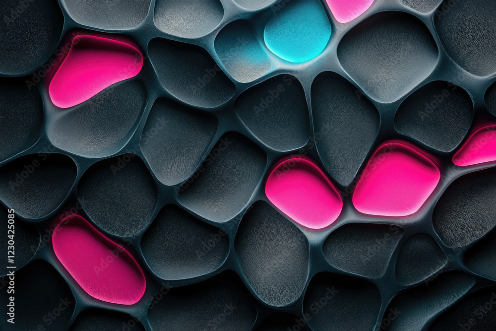 Poster abstract 3d render of a dark textured surface with vibrant pink and cyan accents forming an organic 