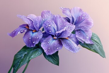 Naklejka premium Purple iris flowers adorned with glistening water droplets, showcasing their vibrant color and delicate beauty. Purple Iris Flower with Water Droplets and Green Leaves .