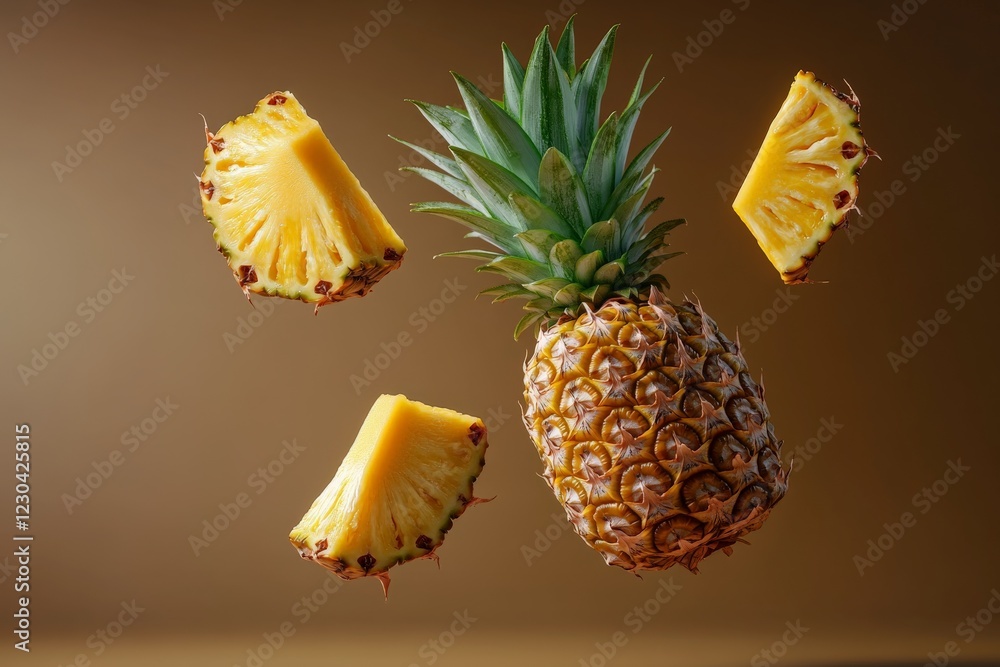 Aufkleber fresh pineapple surrounded by sliced pieces floating in the air against a warm background