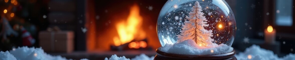 Sparkling ice crystals in a snowglobe above a fireplace, festive, ice crystal