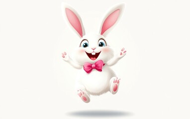 Obraz premium Happy Easter bunny leaping; white background, spring celebration (1)