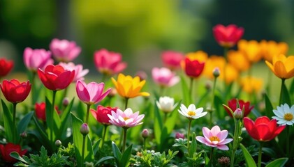 Obraz premium Spring garden with blooming flowers and greenery, flowers, ranunculus