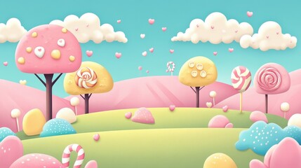 Candy Land Hillscape With Sweet Trees and Hearts