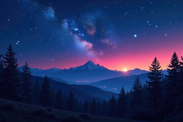 Starry night sky over a forest with mountains in the distance, wilderness, forest
