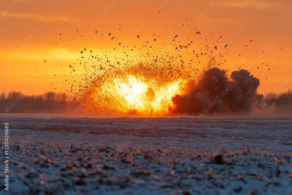 Poster explosive eruption at sunset creating a dramatic display of fire and debris over a snowy landscape