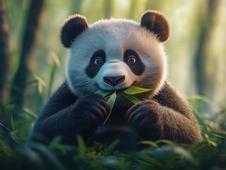 Obraz premium Cute panda eating bamboo in a serene forest setting