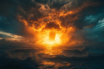 Dramatic mushroom cloud rises above ocean during intense sunset with vivid colors engulfing the sky