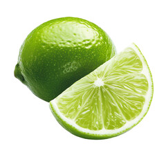 Fresh lime with vibrant green color, showcasing cut slice revealing juicy segments. Perfect for culinary uses and refreshing beverages