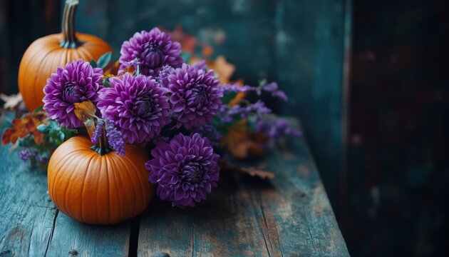 Stylish Pumpkins And Purple Dahlias On Rustic Wooden Background: A Beautiful Fall Harvest Rural Composition With Heather And Light - Powered by Adobe
