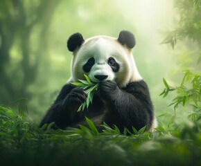 Obraz premium Panda munching on bamboo in lush green surroundings