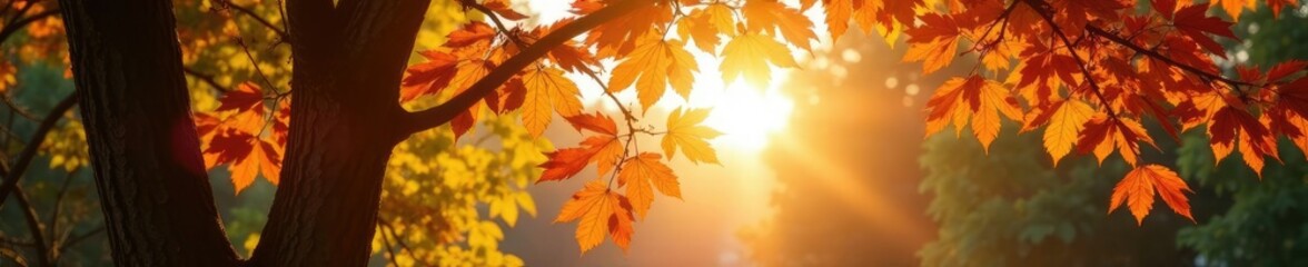 Sunshine filters through colorful tree branches, sunlight, shade