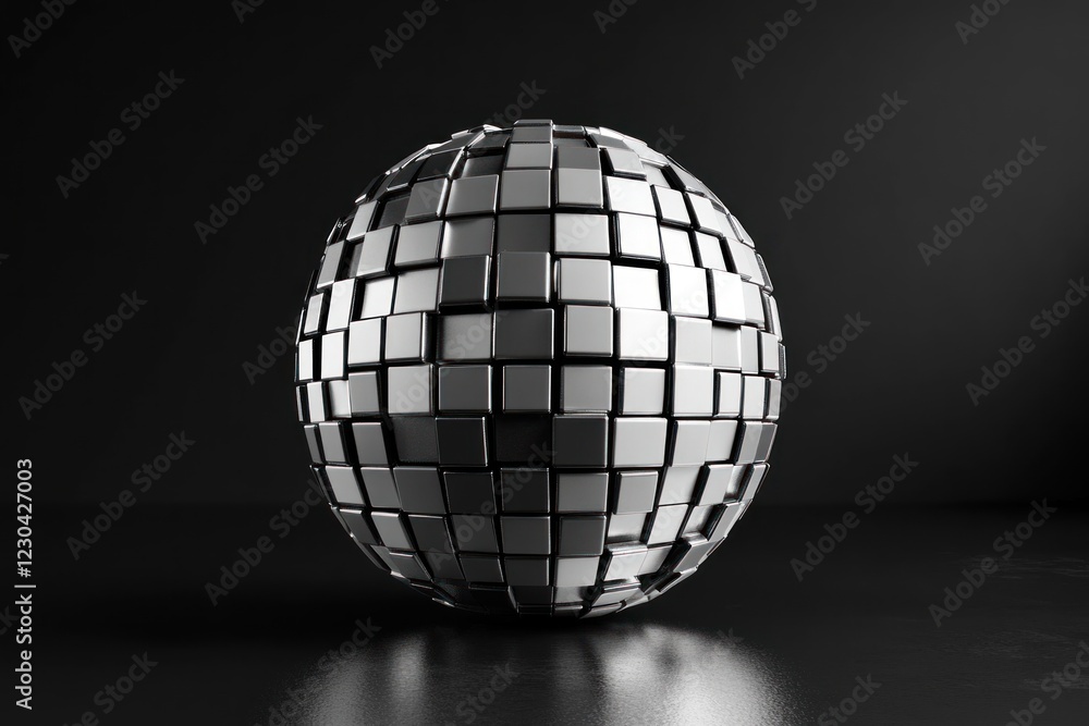 Poster abstract metallic sphere composed of numerous small cubes on a dark background.