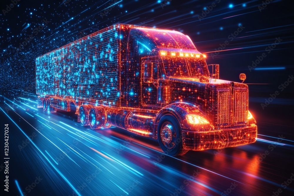 Poster High-tech truck traveling along a futuristic highway illuminated by glowing patterns in a digital landscape
