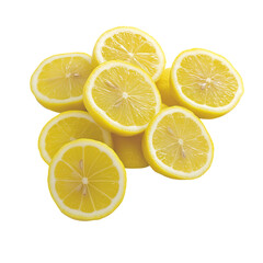Fototapeta premium Fresh lemon slices arranged in pile, showcasing vibrant yellow color and juicy texture, perfect for culinary use or decoration
