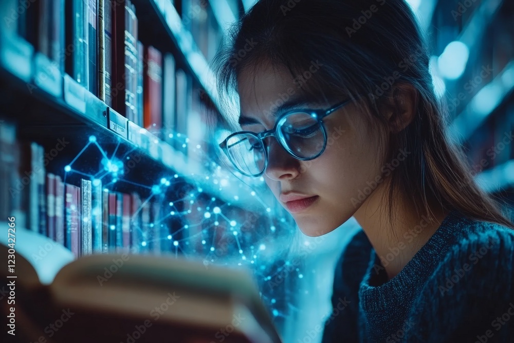 Poster student reading in a library surrounded by glowing data connections at night