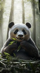 Obraz premium Panda enjoying bamboo in a tranquil forest setting