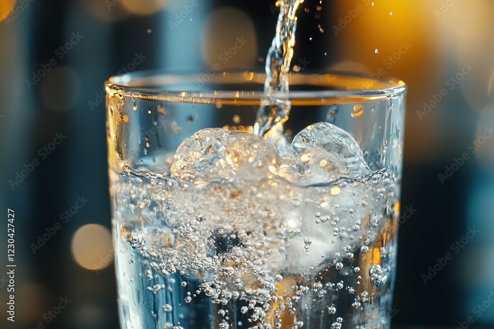Aufkleber water pouring into a transparent glass creating bubbles and reflections in a stylish setting