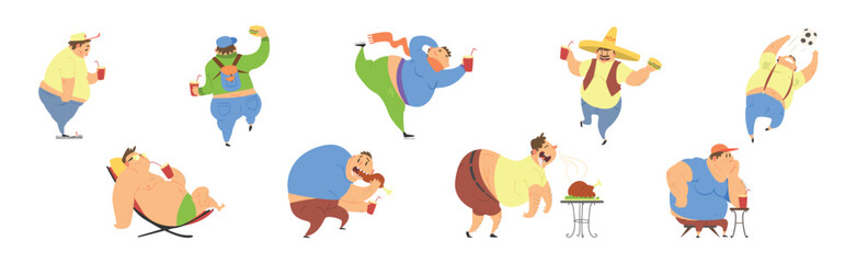 Funny Man Character with Fat Belly Engaged in Different Activity Vector Set