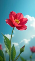 Obraz premium A delicate red flower nestled in the heart of a cloudless blue, garden landscape, flower in cloud
