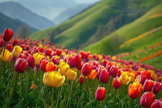 A hillside covered in vibrant tulips swaying in the breeze, the bright colors of the flowers standing out against the green slope, creating a picturesque scene - Powered by Adobe