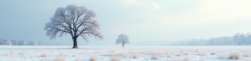 Fototapeta premium A lone tree in a snow-covered farm field with bare trees surrounding it, nature, frosty