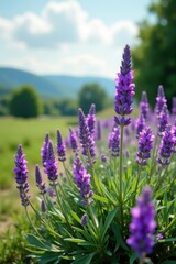 Obraz premium A lone lavender bush in full bloom amidst a quiet landscape, garden, flower