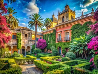 Fototapeta premium Seville Palace Casa Pilatos Double Exposure: Architectural Marvel & Lush Gardens