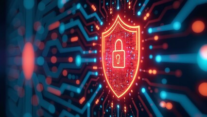 Digital security systems with radial composition, glowing encryption shield, quantum core, firewall matrix.