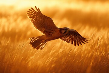 A kestrel over an expansive, golden grassland, the setting sun casting a warm glow on the landscape. hunting