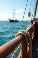 Obraz premium Coiled rope on wooden ship railing with a large anchor in the background, sea, coastal, wood