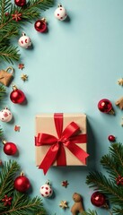 Colorful Christmas decorations scattered around a red ribbon tied box, holiday, festive, seasonal
