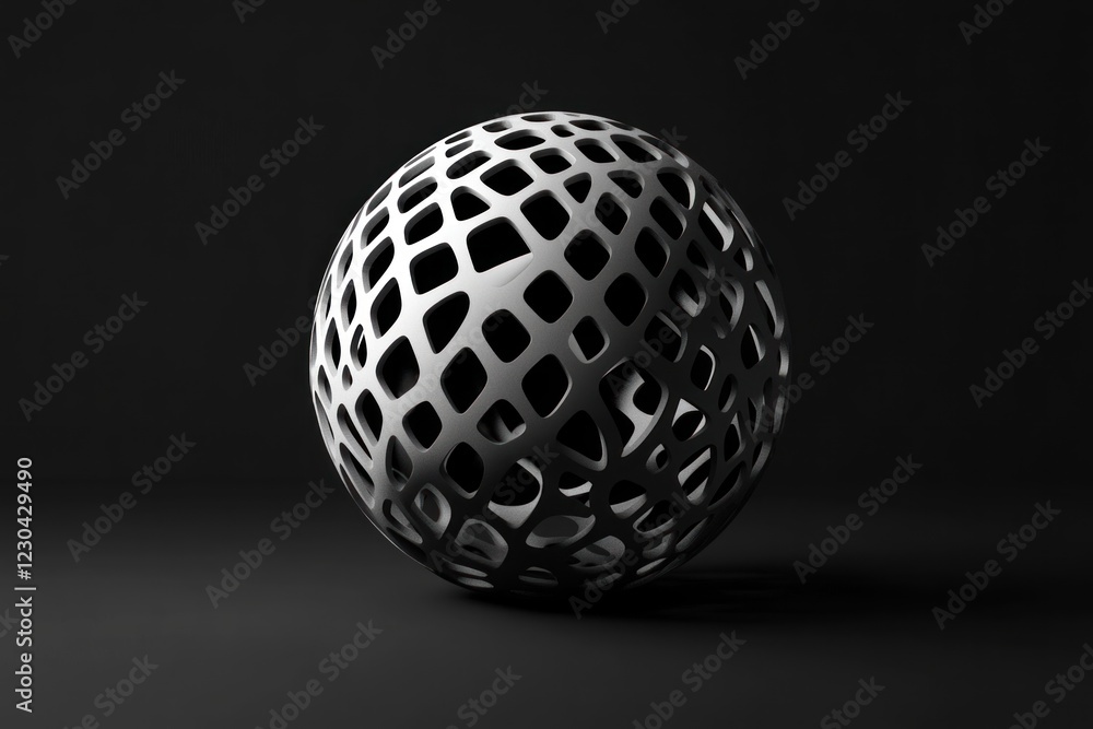 Poster abstract metallic sphere with intricate lattice design.