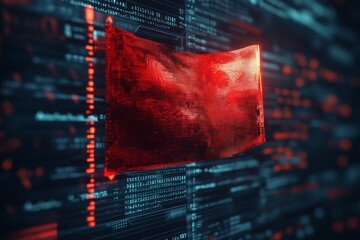Abstract digital representation of a flag amidst data streams and technology elements in a futuristic setting