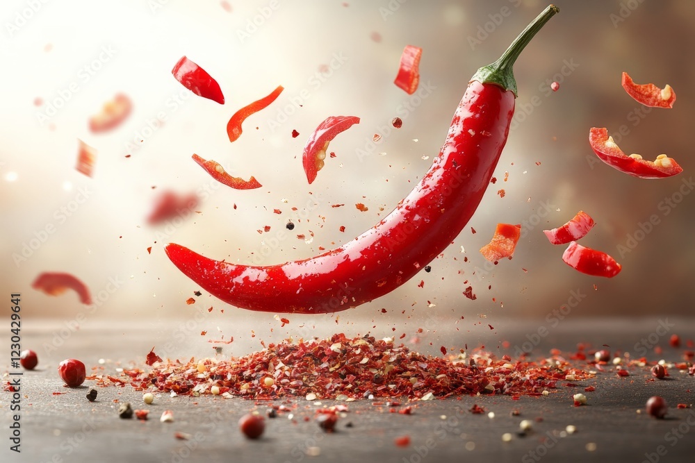 Aufkleber Red chili pepper floating above a mound of chili flakes with vibrant spices in a dynamic display