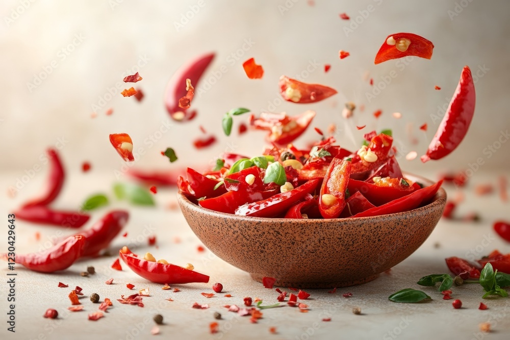 Aufkleber spices and flavors come alive with fresh red chili peppers in a rustic bowl on a smooth surface