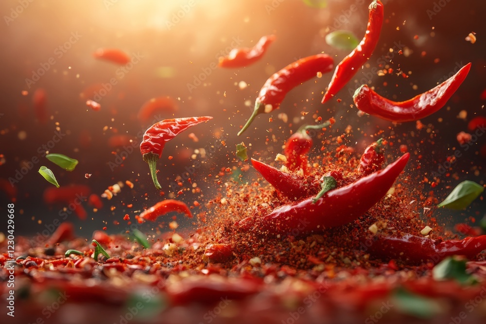 Poster red chilies burst in a vibrant display creating an explosion of spices and flavor in a dramatic sett