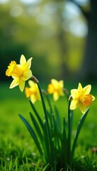 Daffodil flowers swaying gently in the breeze on a green lawn, flowers, nature, garden