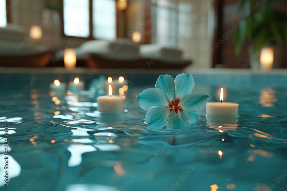 Poster relaxing spa experience with floating candles and flowers in tranquil water setting