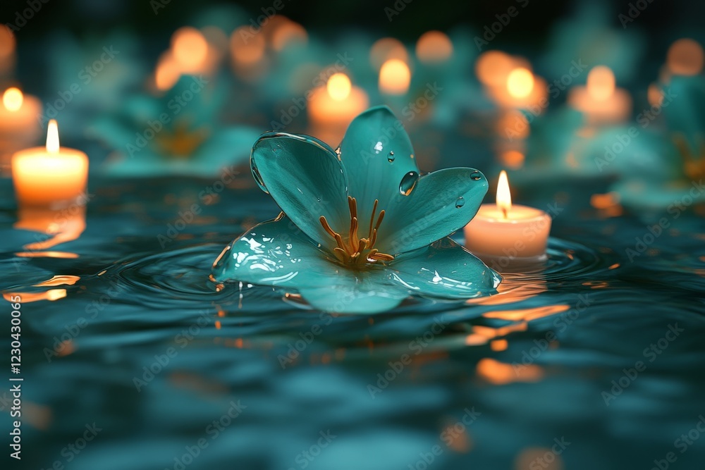 Poster delicate teal flower floating on water surrounded by soft glowing candles during a serene evening se