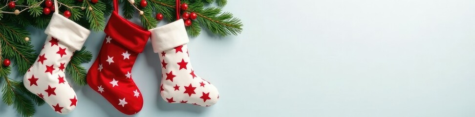 Fir branch with red Christmas stockings hung from white star-patterned ribbons, red and white colors, snowflakes