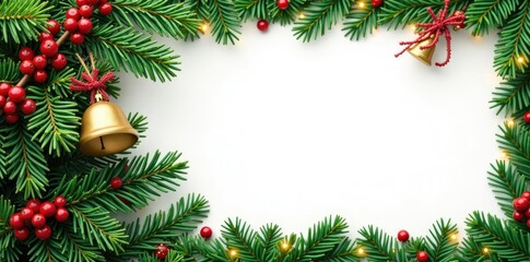 Fir branch with green needles and red berries against a festive Christmas border, green, bells