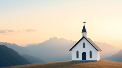 A serene white church is set against a breathtaking backdrop of mountains at sunset, symbolizing peace and spirituality in a tranquil landscape. A perfect representation of faith.