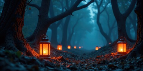 Fototapeta premium Flickering lanterns amidst twisted tree branches, flickering lights, eerie forest