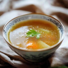 Light vegetable broth with celery, onions, carrots sits on a textured cloth. Homemade soup. Fresh ingredients are visible, showcasing vibrant colors and rich flavors. Vegetarian food, healthy eating