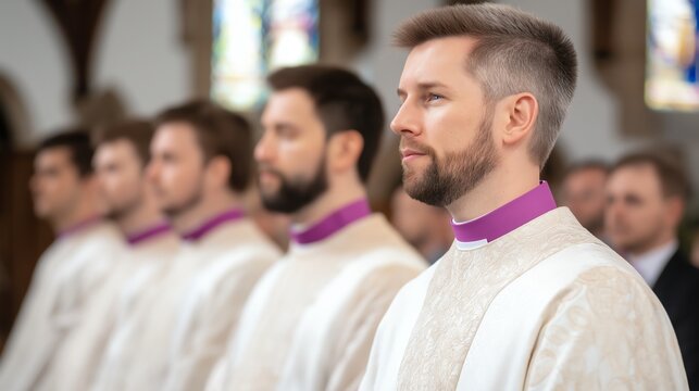 A solemn gathering of clergymen in traditional vestments during a religious ceremony, showcasing their dedication and unity in the spiritual community.