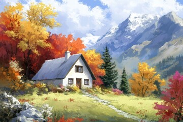 Cozy Cottage Surrounded by Colorful Autumn Foliage and Mountains
