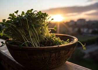 Silhouetted Fresh Cress Salad Bowl - Healthy Eating Concept