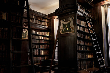 Fototapeta premium An elegant interior view of Marsh Library in Dublin, showcasing towering wooden bookshelves filled with antique books. 