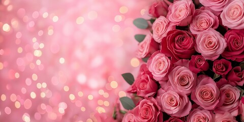 Pink festive background with sequins and roses, on the left is an empty space mine.